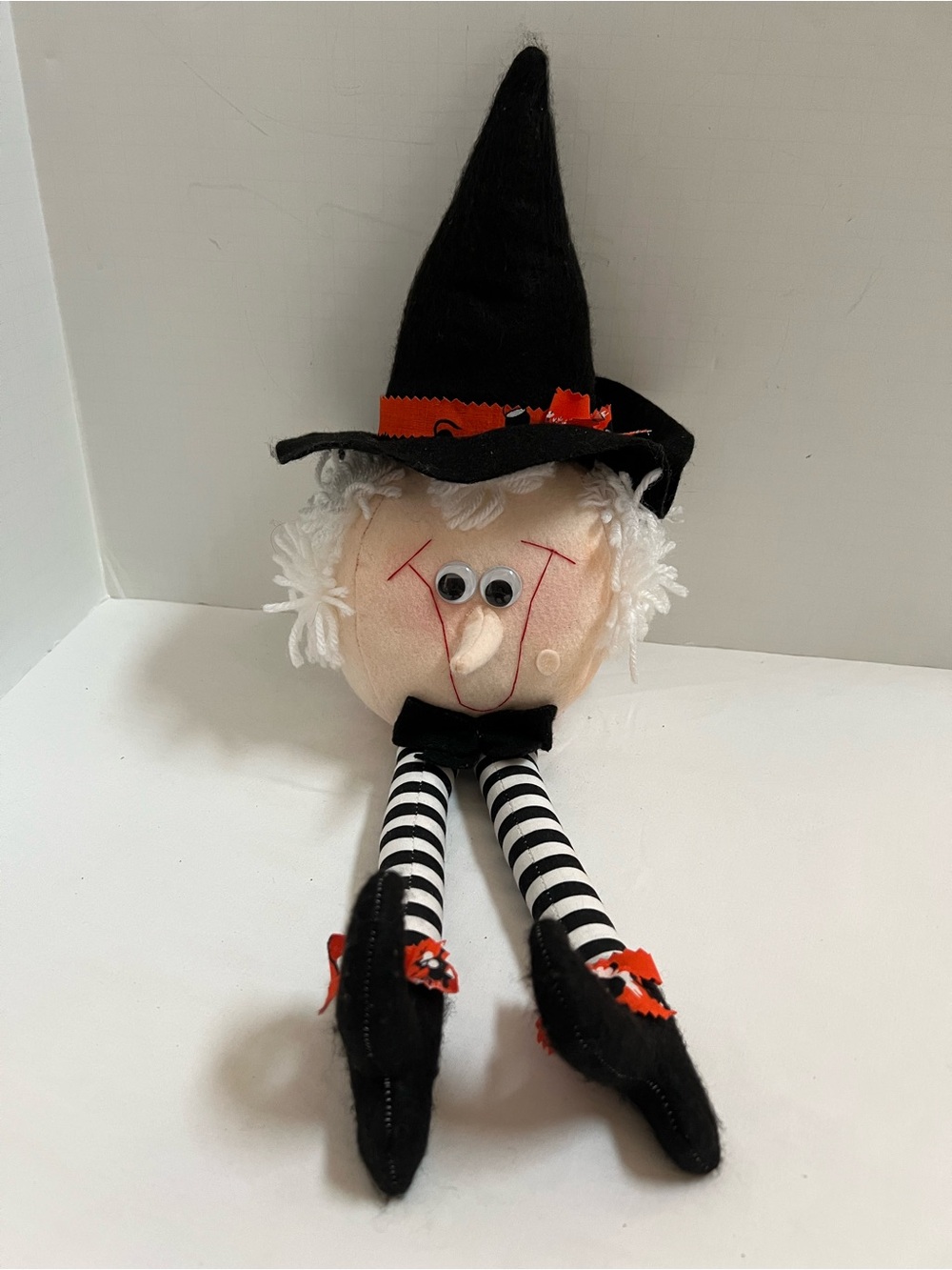 Cloth Halloween Witch Shelf Sitter Plush Felt Googly Eyes Striped Legs Wart